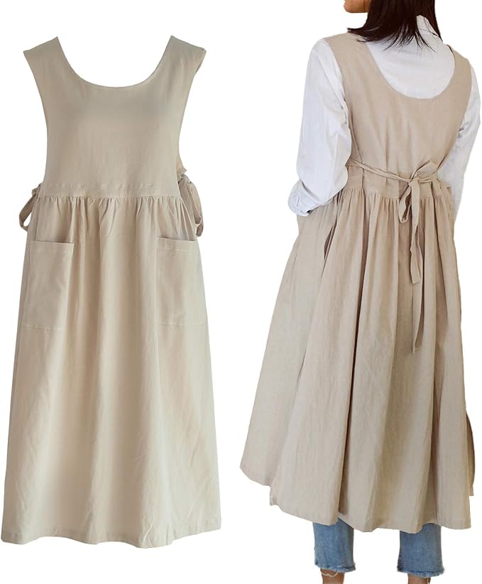Women Plus Size Cotton Linen Vintage Pleated Split Apron Pinafore Dress with Two Pockets