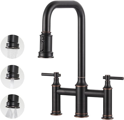 Bridge Faucet for Kitchen Sink Bronze: 3 Hole Solid Brass Farmhouse Kitchen Faucet with Pull Down Sprayer, 2 Handle 8 Inch Centerset High Arched Faucet with 360° Swivel Spout, Oil Rubbed Bronze