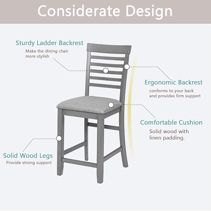 Set of 4 Dining Chairs, Wooden Kitchen Chairs with Padded Cushion, Upholstered Stools for Kitchen Island, Dining Room, Living Room, Easy Assembly (Gray - Ladder backrest)