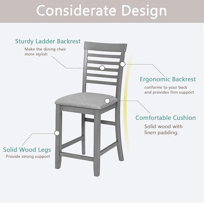 Set of 4 Dining Chairs, Wooden Kitchen Chairs with Padded Cushion, Upholstered Stools for Kitchen Island, Dining Room, Living Room, Easy Assembly (Gray - Ladder backrest)