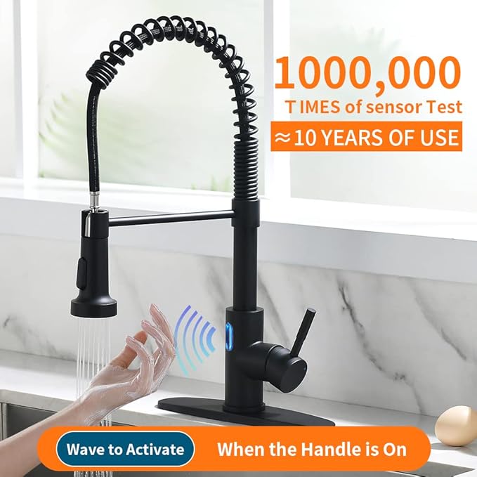 OWOFAN Touchless Kitchen Faucet with Pull Down Sprayer LED Light Single Handle Kitchen Sink Faucet Motion Sensor Smart Hands-Free Black