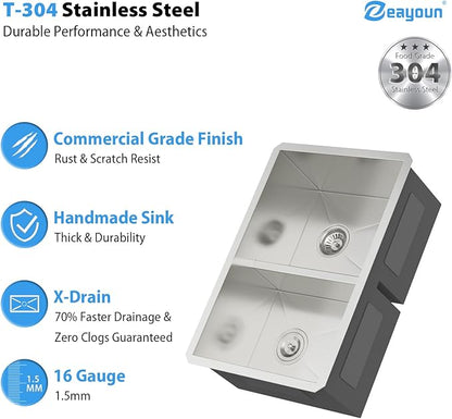 28 Inch Undermount Double Bowl Kitchen Sink 16 Gague 304 Stainless Steel Double Handmade Sinks 50/50 Large Deep Double Bowl Sinks 28"x19"x10"