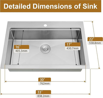 Drop In Kitchen Sink 33" x 22",16 Gauge T-304S Stainless Steel Workstation Sinks with Accessories, 33" x 22" x 10" Large and Deep Top Mount Single Bowl Kitchens Sink for Home,Outdoor