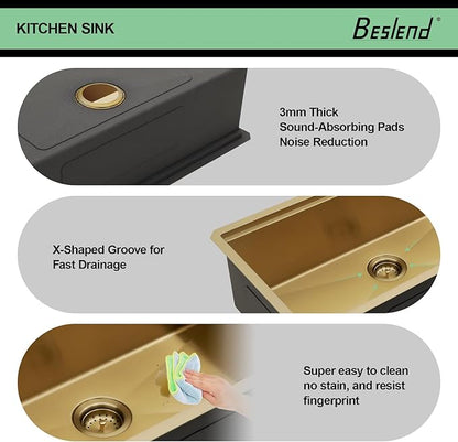 36x19 Undermount Gold Kitchen Sink - Beslend Stainless Steel Ledge Workstation Kitchen Sinks Gold Sink 16 Gauge Single Bowl Underount Basin