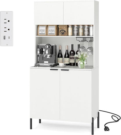 Giantex 64.5" Kitchen Pantry Cabinet with Charging Station, Tall Buffet Hutch with Storage Cabinets, Adjustable Shelf, Wine Racks, Modern Sideboard for Dining Room, Living Room, Coffee Bar, White