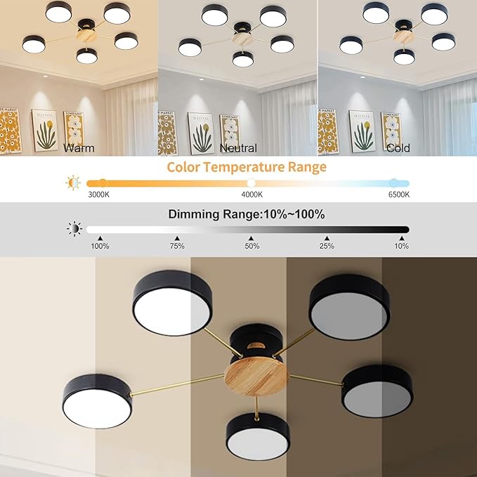 5-Lights LED Ceiling Light Fixture,32 Inch Modern Ceiling Lights Flush Mount Wooden 40W Dimmable Chandelier for Living Room Bedroom Kitchen,3000K/4000K/6000K Black