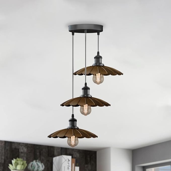 3-Lights Industrial Pendant Light with E26 Base Metal Umbrella Shade Pendant Lighting Adjustable Industrial Retro Style Hanging Light Fixture for Kitchen, Farmhouse (3 Way Brushed Copper)