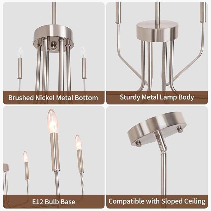 6-Light Farmhouse Chandelier for Dining Room Lighting Fixtures Hanging, Brushed Nickel Candle Chandelier, Rustic Industrial Modern Chandelier for Living Room, Bedroom, Foyer, Kitchen