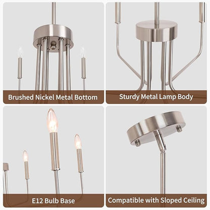 6-Light Farmhouse Chandelier for Dining Room Lighting Fixtures Hanging, Brushed Nickel Candle Chandelier, Rustic Industrial Modern Chandelier for Living Room, Bedroom, Foyer, Kitchen