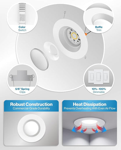 Sunco 64 Pack 6 Inch LED Recessed Light, Retrofit Downlight Can Lights for Ceiling, Baffle Trim, 1050 LM, 13W (75W Equivalent), Selectable CCT 2700K/3000K/3500K/4000K/5000K, Dimmable, Damp Rated UL