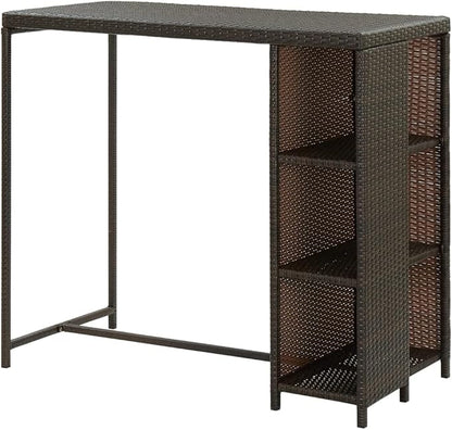 Brown PE Rattan Steel Bar Table, 47.2x23.6x43.3in Rectangular Dining Table, Indoor Outdoor Kitchen & Dining Room Furniture, Dinner Station with Ample Storage