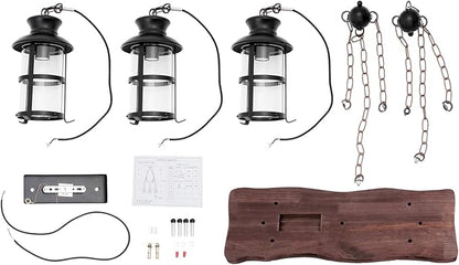 3 Lights Wood Vintage Chandelier, Industrial Farmhouse Island Light with Glass Lampshade, Height Adjustable Wooden Retro Chandelier Ceiling Hanging Light for Dining Room Cafe Bar Restaurant