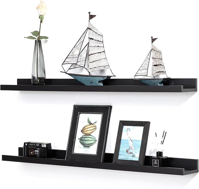 AZSKY 24 Inch Picture Ledge Shelves Set of 3, Rustic Wood Floating Shelves for Photo Frames, Nursery & Kids Book Shelves, Wall Mounted Bathroom Organizer (Black)