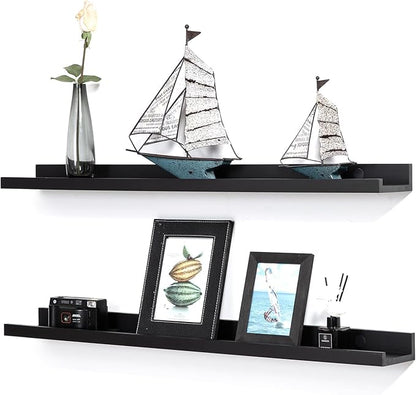 AZSKY 24 Inch Picture Ledge Shelves Set of 3, Rustic Wood Floating Shelves for Photo Frames, Nursery & Kids Book Shelves, Wall Mounted Bathroom Organizer (Black)