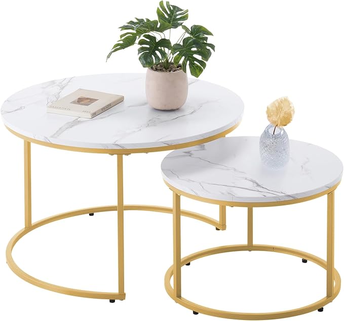 VEVOR Nesting Coffee Table Set of 2, 27.6 in Round Coffee Table, Nesting Tables for Small Place, Vintage End Side Tables Night Stand with Metal Frame, for Living Room, Bedroom, Office (White & Gold)