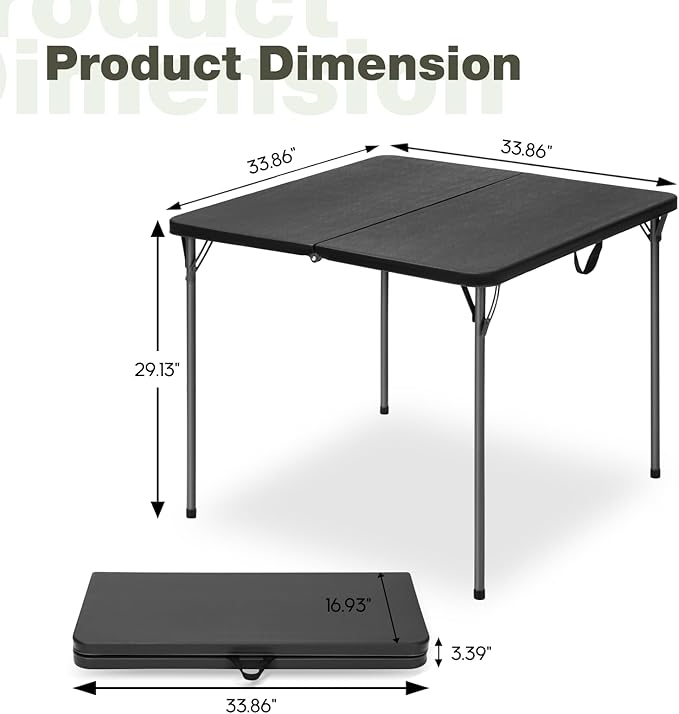 34" Square Folding Table for 4 Person, 330lbs Weight Capacity Foldable Table with HDPE Tabletop & Heavy-Duty Steel Legs, Large Portable Picnic Table for Indoor Outdoor Parties, Camping, Black
