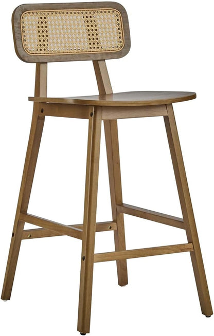Farmhouse Wooden Barstools, Set of 2 Rattan Back Island Chairs, Counter Height Rattan Bar Stools for Kitchen Island