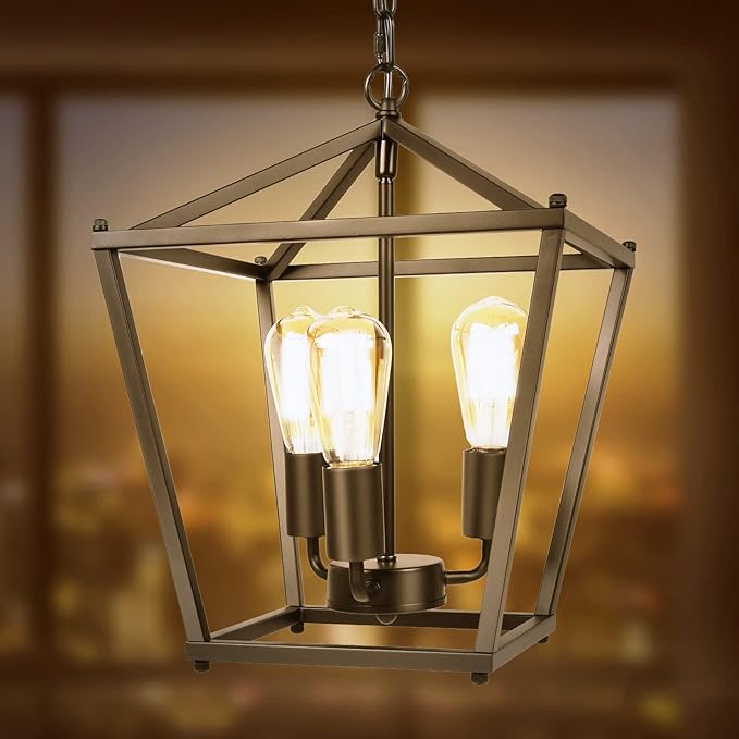 Unicozin Black Lantern Pendant Light, 3 Lights Farmhouse Chandelier Fixture with Metal Cage, Adjustable Height Industrial Hanging Lights E26 Base for Kitchen Island, Bedroom, Entryway, Foyer