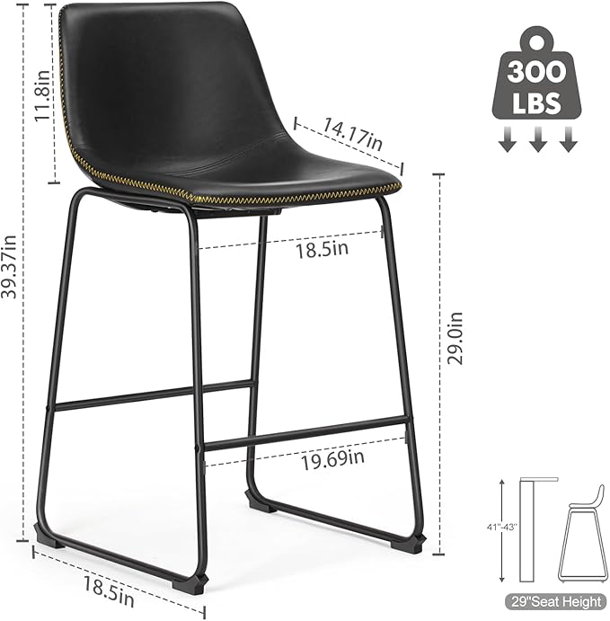 Sweetcrispy Counter Height Bar Stools Set of 2, 30 inch Height Stool Faux Leather Barstools with Back, Armless Kitchen Island Countertop Comfortable Modern Chairs with Metal Legs, Black