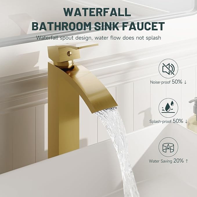 Brushed Gold Vessel Sink Faucet, Greenspring Waterfall Bathroom Faucets, Tall Spout Single Handle Single Hole Bathroom Faucets with Pop Up Drain and Without Overflow Basin Faucet Supply Line