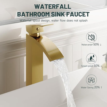 Brushed Gold Vessel Sink Faucet, Greenspring Waterfall Bathroom Faucets, Tall Spout Single Handle Single Hole Bathroom Faucets with Pop Up Drain and Without Overflow Basin Faucet Supply Line