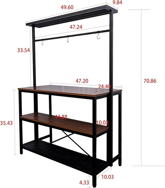 3-Tier Kitchen Island Table with Storage Shelves & Hooks - Walnut Finish