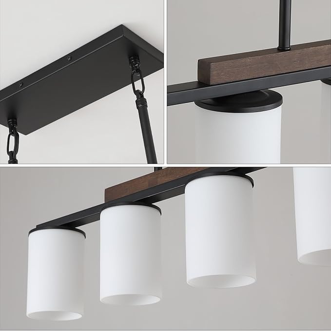 Mecgirn Farmhouse Dining Room Light Fixtures Over Table, Black Pendant Lights for Kitchen Island with Milk Glass Shade, 5 Light Linear Chandelier Lighting with Wood