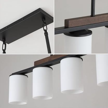 Mecgirn Farmhouse Dining Room Light Fixtures Over Table, Black Pendant Lights for Kitchen Island with Milk Glass Shade, 5 Light Linear Chandelier Lighting with Wood