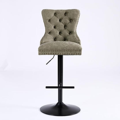 Aged and Retro PU Swivel Bar stools Adjusatble Seat Height from 26 33 Inch, Bar Stools with Backs Comfortable Tufted for Home Pub and Kitchen Island (Olive Green,Set of 2)