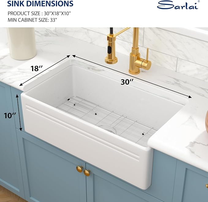 Sarlai 30 Farmhouse Sink White - 30 x 18 Inch Kitchen Sink Apron Front Reversible White Ceramic Porcelain Fireclay Single Bowl Farm Sinks Basin