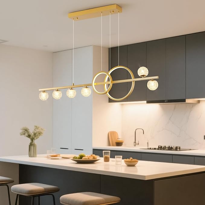 ORANOOR Modern Gold Chandeliers for Dining Room, 47in Dimmable LED Chandelier Linear Gold Pendant Light for Kitchen Island, Upgraded 6 Globe Hanging Pendant Chandelier Lighting (2 Rings, 4200lm)