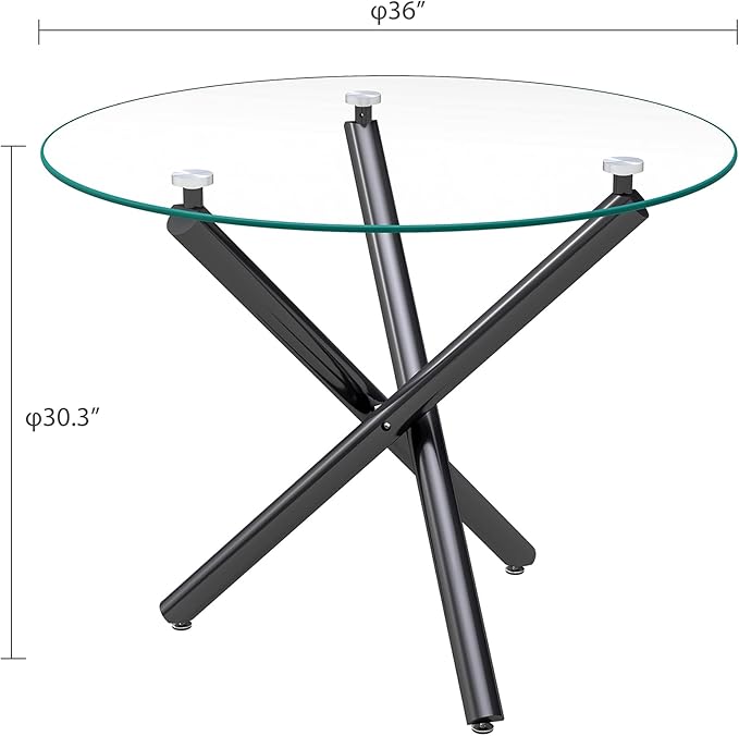 36" Round Glass Dining Table for 4, Modern Dining Room Table with Black Metal Cross Legs, Adjustable Foot Pads, Tempered Glass Top Kitchen Dinner Tables for Kitchen Dining Room Small Apartment