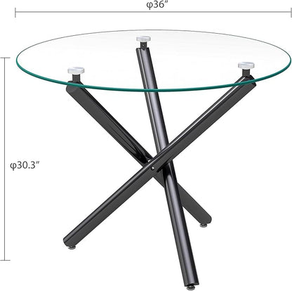 Glass Dining Table,36'' Round Dining Kitchen Table,Modern X-Design Dining Room Table with Black Metal Base for Dining Room