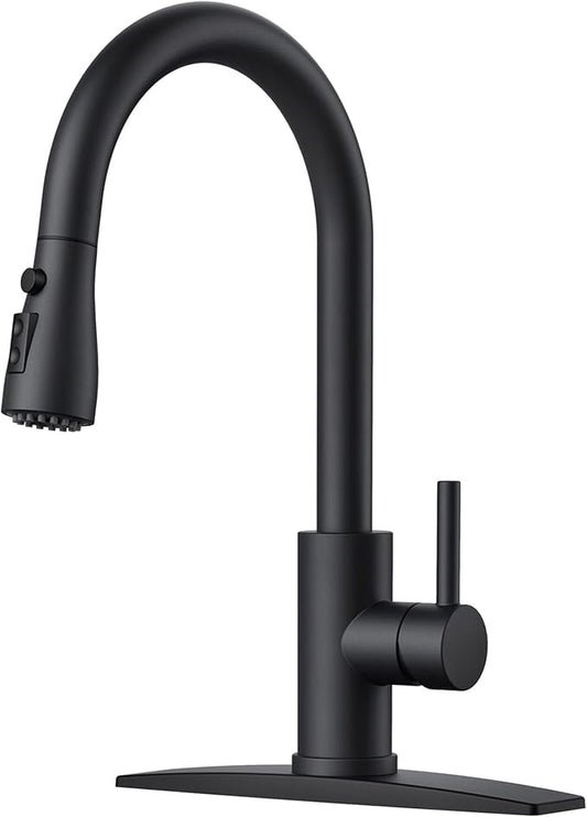 FORIOUS Black Kitchen Faucet with Pull Down Sprayer, Bar High Arc Single Handle Traditional 3 Modes Stainless Steel Faucet for Kitchen Sink Farmhouse RV Laundry Camper