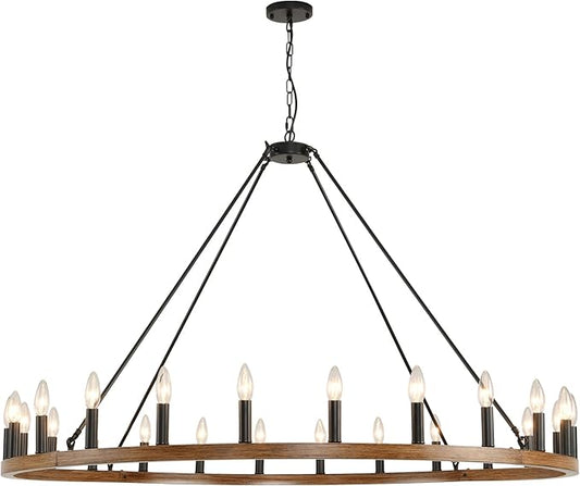 24-Light Wagon Wheel Chandelier Farmhouse, 54 Inch Large Chandeliers for High Ceilings, Modern Rustic Farmhouse Chandelier for Dining Room, Living Room, Entryway, Black&Khaki