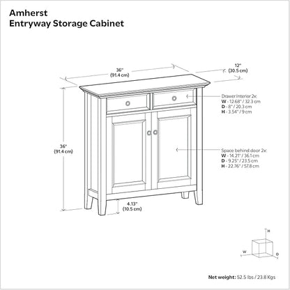 SIMPLIHOME Amherst 36-inch Wide Transitional-Style Storage Cabinet in Hickory Brown with Drawers and Adjustable Shelves for Entryway or Living Room