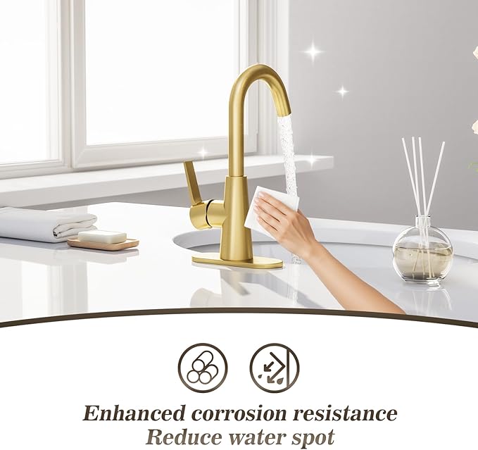 Phiestina Brushed Gold Single-Handle 4 Inch Bathroom Sink Faucet with Deck Plate and Supply Hoses, Bar Sink Faucet/Pre-Kitchen Sink Faucet with 360 Degree Rotation Spout, WE10-BG