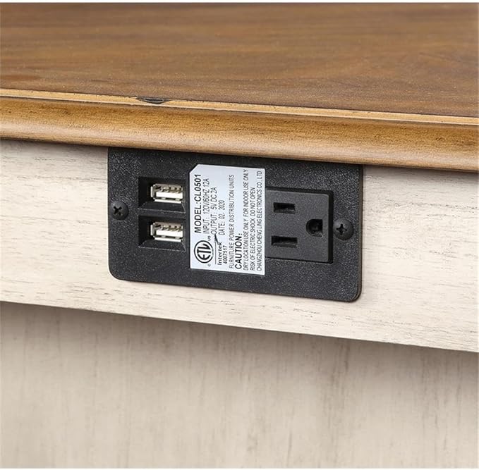 New Classic Furniture Amy Farmhouse Kitchen Counter Island Dining Table for 4 with Storage Shelf & USB Chargers, Beige and Brown