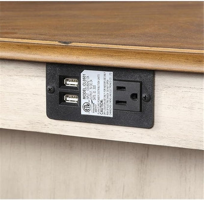 New Classic Furniture Amy Farmhouse Kitchen Counter Island Dining Table for 4 with Storage Shelf & USB Chargers, Beige and Brown
