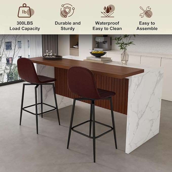 63 Inch Kitchen Island with 4 Deep Brown Bar Stools – White Marble Countertop, Integrated LED Lighting & Grille Design, Multi-Functional Breakfast Bar for Dining Rooms, (White+2dark Brown)