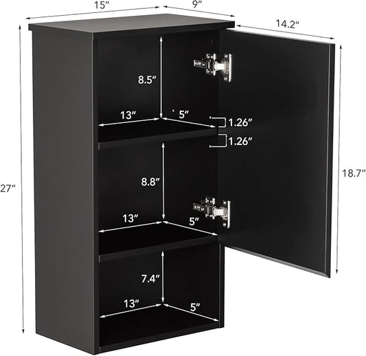 VANIRROR Bathroom Wall Cabinet with Single Door, Soft-Close Hinges, 15x27 inch Wooden Medicine Cabinet for Small Kitchen, Laundry, Entryway, Durable MDF Construction