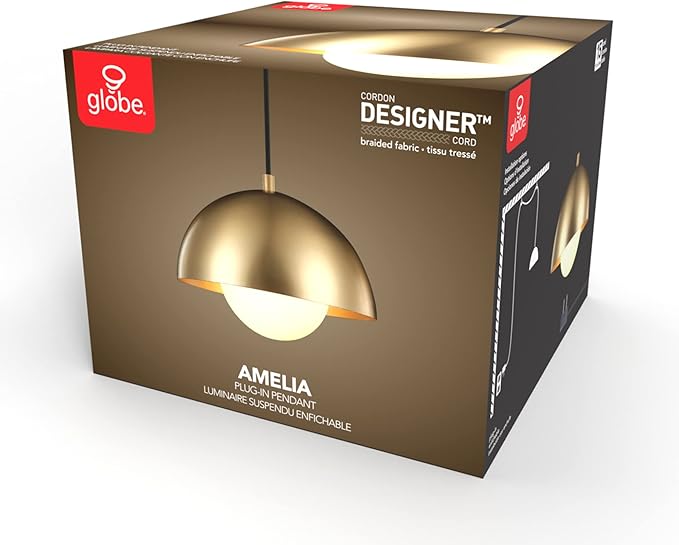 Globe Electric 1-Light Plug-in Pendant Light, Matte Brass Finish, Frosted Glass Shade, 15-Ft Braided Cord, Retro Modern Lighting, 65696