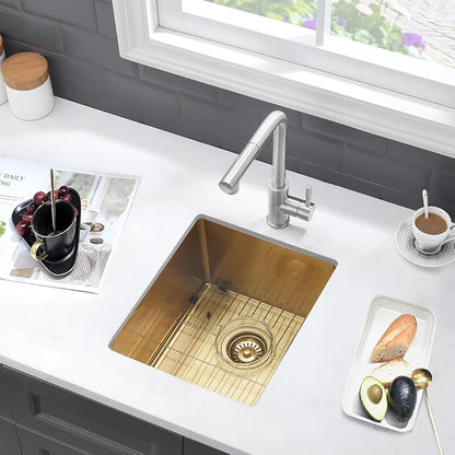 13 Inch Gold Bar Sink Undermount-VASOYO 13x15 Inch Undermount Bar Sink Gold Small Rv Kitchen Sinks Outdoor Island Sinks 16 Gauge Stainless Steel Single Bowl Basin with Bottom Grid