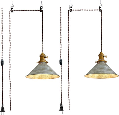 Plug in Pendant Light, 8.2 Inch Silver Pendant Light Fixtures On/Off Switch, Adjustable 14Ft Light Cord Hanging Pendant Light for Kitchen Bedroom Restaurant 2 Pack