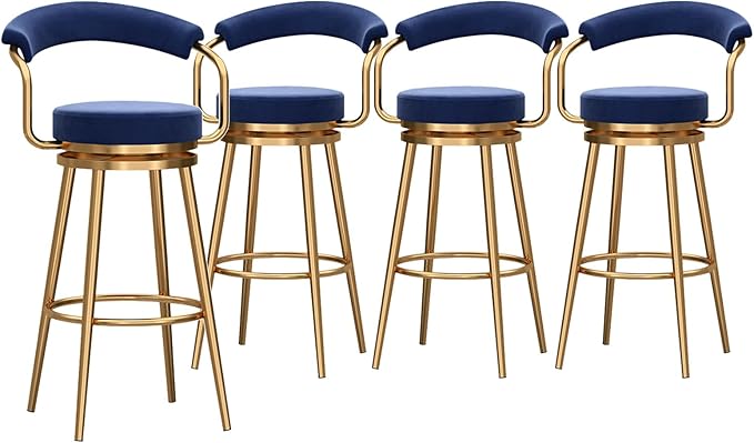 Round Height Stools of 1, Velvet with Open Back, Tall Armless Chairs, stools Metal Frame for Kitchen Island, Seat 75cm, Blue (4pcs Seat Height 75cm)