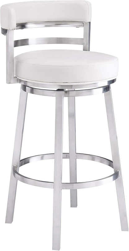 Armen Living Madrid 30" Seat Height Swivel White Faux Leather and Brushed Stainless Steel Bar Stool for Kitchen Island Counter