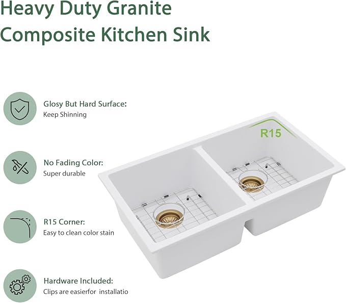 33 Granite Composite Kitchen Sink - Couoko 33x19 Inch Undermount Granite Kitchen Sink White Quartz Sink Under Counter Double Bowl Sink Basin 50/50