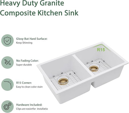 33 Granite Composite Kitchen Sink - Couoko 33x19 Inch Undermount Granite Kitchen Sink White Quartz Sink Under Counter Double Bowl Sink Basin 50/50