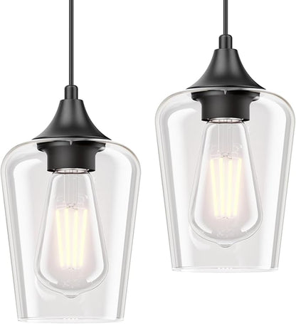Ralbay Matte Black Industrial Pendant Light 2-Pack, Pendant Light Fixtures with Wine Clear Glass Shade, Adjustable Height for Kitchen Island, Farmhouse Dining Room Hanging Lighting Fixture
