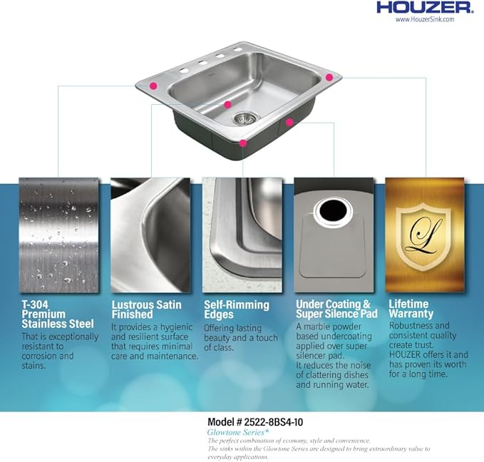 Houzer Glowtone 25 Inch Stainless Steel Topmount 4-Hole Single Bowl 8 Inch Deep Kitchen Sink - 2522-8BS4-1